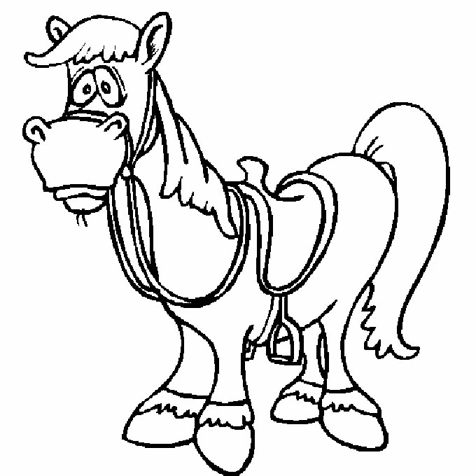 Dibujo de Caballo de dibujos animados con montura para colorear