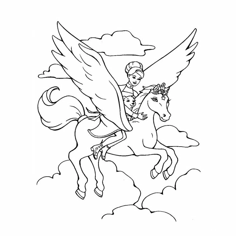Dibujo de Caballo alado volando con una princesa entre nubes para colorear