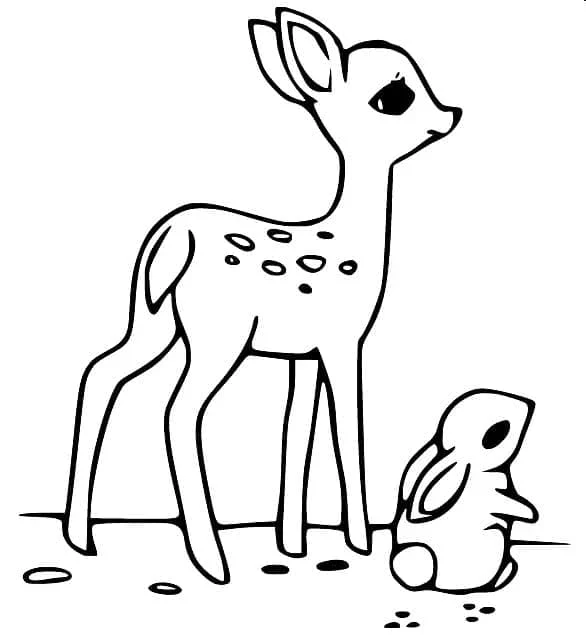 Dibujo de Cierva de pie junto a un pequeño conejo para colorear Dibujo de Cierva de pie junto a un pequeño conejo para colorear