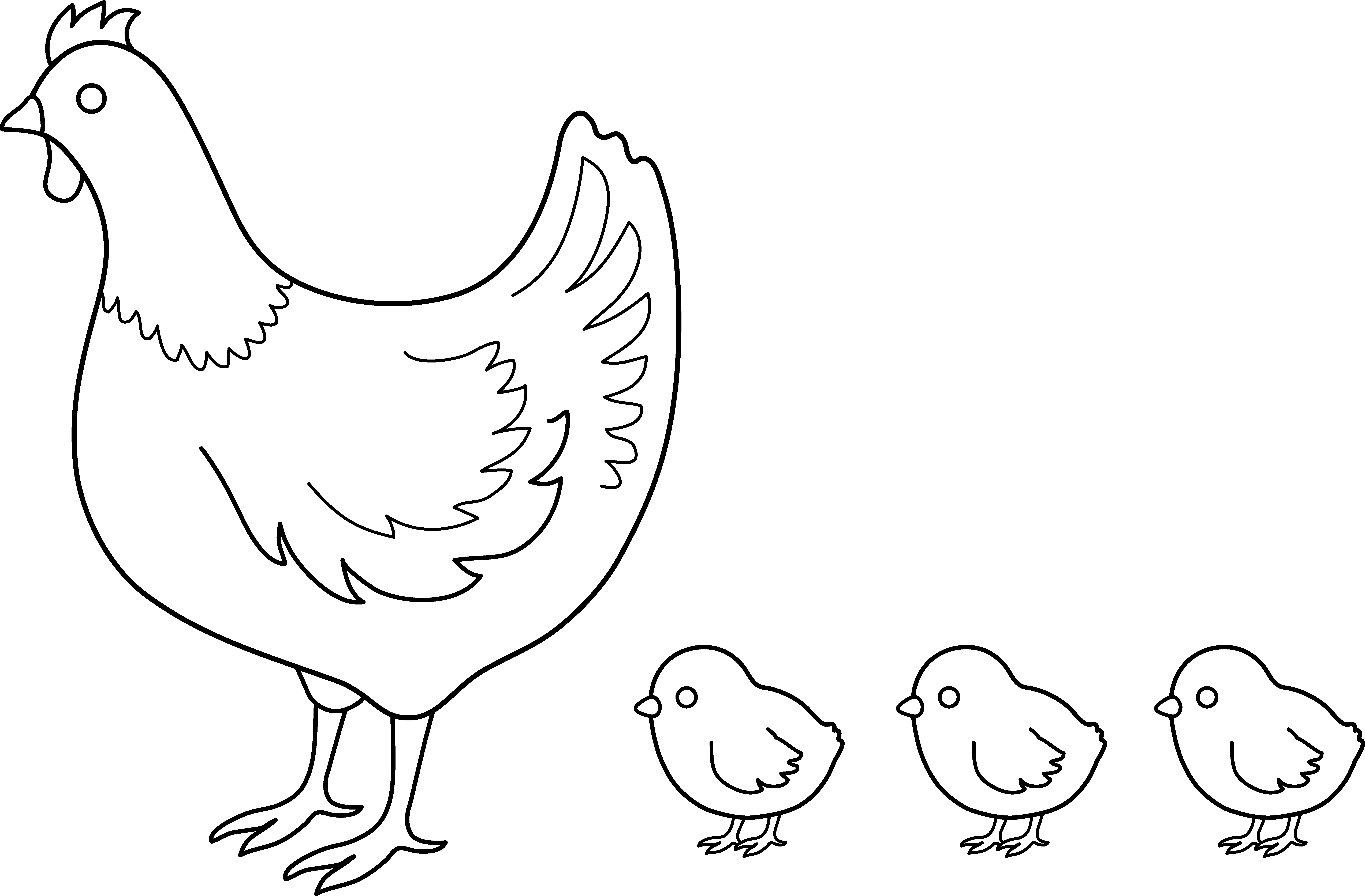 Dibujo de Gallina de pie con tres pollitos para colorear