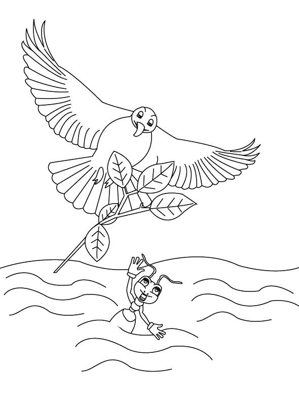 Dibujo de Hormiga luchando en el agua y paloma trayendo una rama para colorear Dibujo de Hormiga luchando en el agua y paloma trayendo una rama para colorear