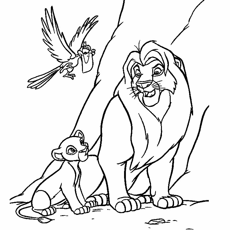 Dibujo de León Mufasa con Simba y Zazú para colorear