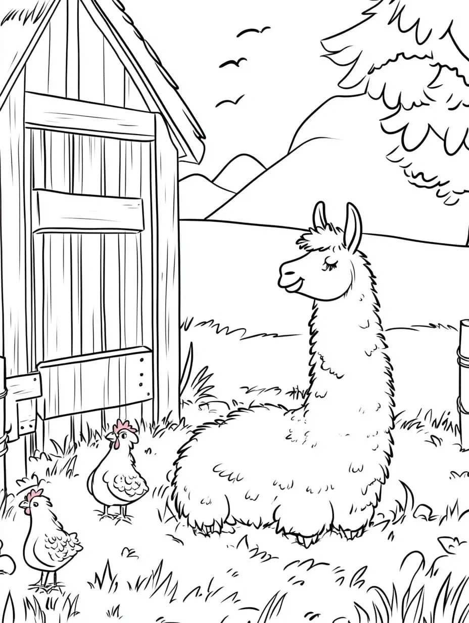 Dibujo de Llama descansando junto a una cabaña de madera con gallinas para colorear