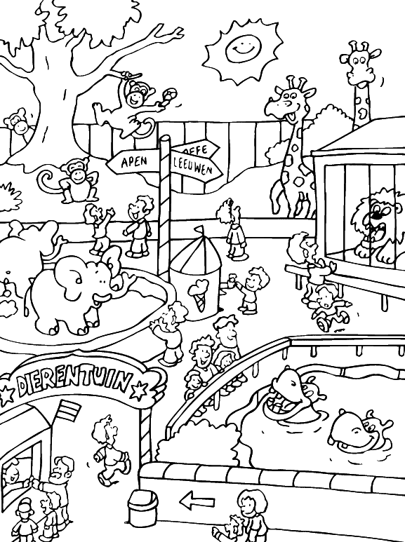 Dibujo de Visita al zoológico con animales y visitantes para colorear