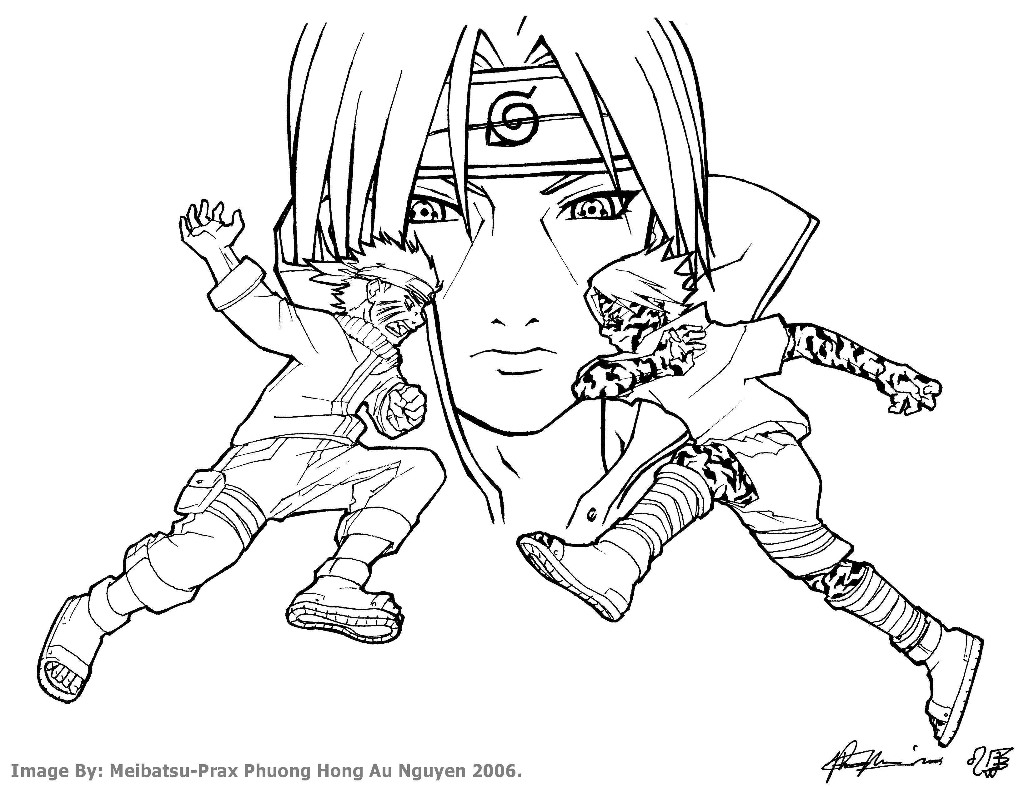 Dibujo de Naruto con dos ninjas saltando en acción para colorear Dibujo de Naruto con dos ninjas saltando en acción para colorear