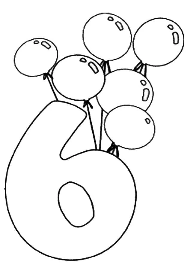 Dibujo de Número 6 con racimo de globos para colorear