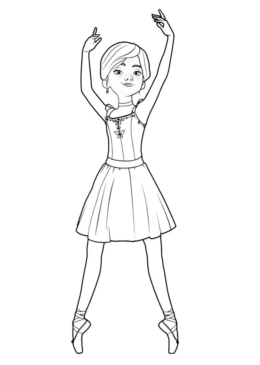 Dibujo de Bailarina danzando de puntas con los brazos elevados para colorear