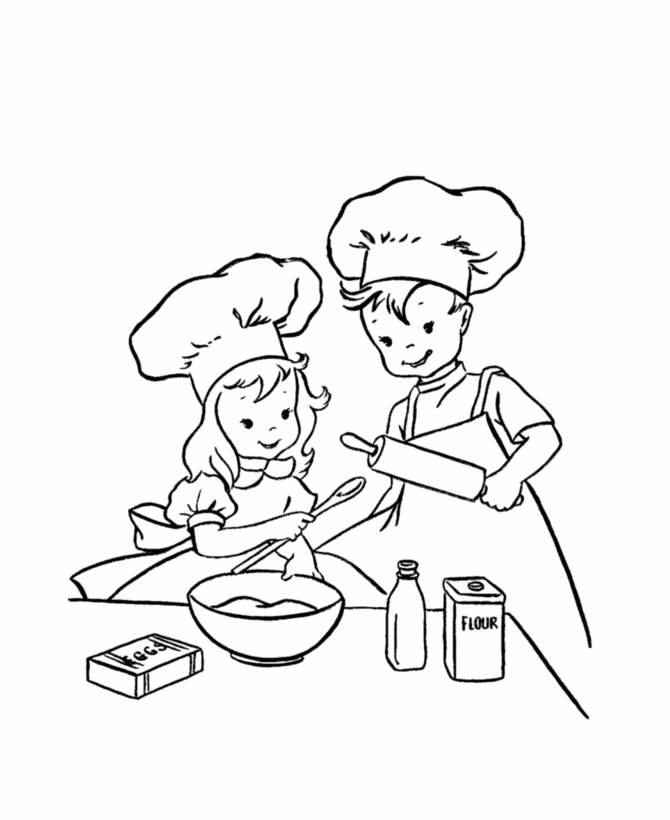 Dibujo de Dos jóvenes cocineros preparando una receta para colorear