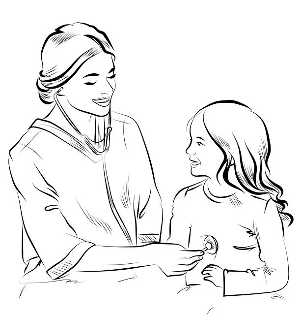 Dibujo de Enfermera consolando a una niña para colorear Dibujo de Enfermera consolando a una niña para colorear
