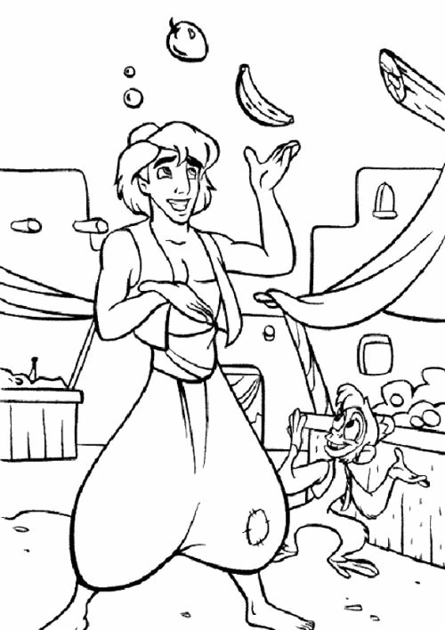 Dibujo de Aladdín haciendo malabares con frutas en el mercado para colorear