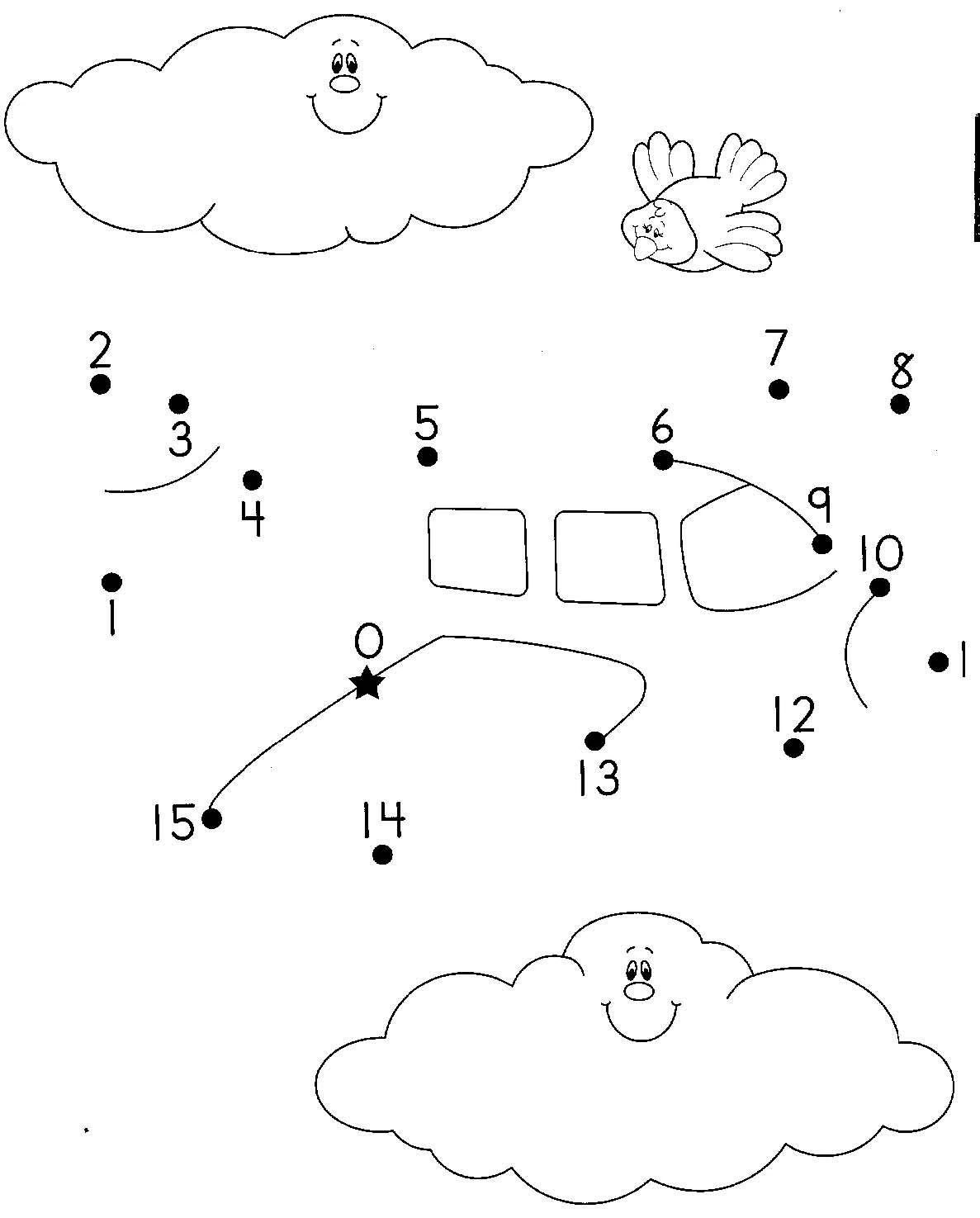 Dibujo de Avión de punto a punto con nubes sonrientes para colorear Dibujo de Avión de punto a punto con nubes sonrientes para colorear