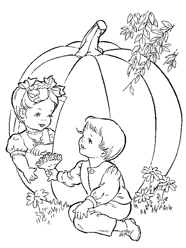 Dibujo de Dos niños junto a una gran calabaza para colorear Dibujo de Dos niños junto a una gran calabaza para colorear