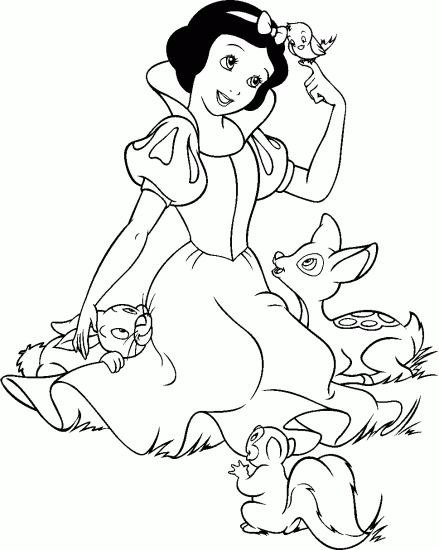 Dibujo de Blancanieves rodeada de animales del bosque para colorear Dibujo de Blancanieves rodeada de animales del bosque para colorear
