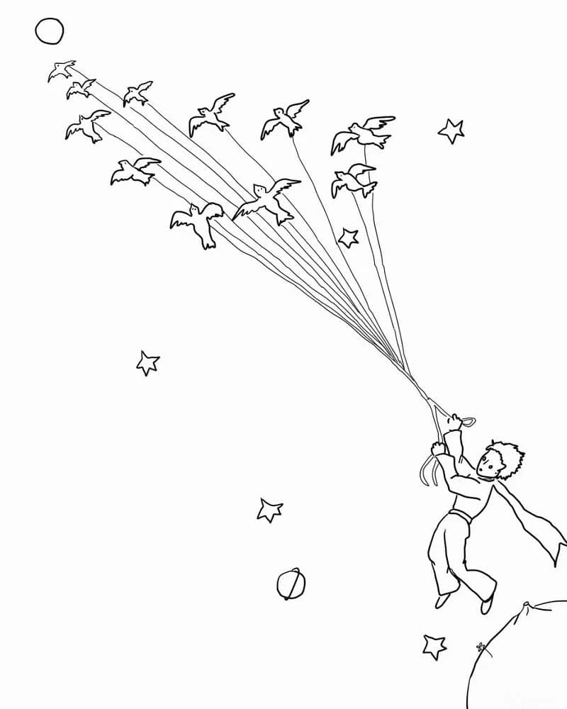 Dibujo de El Principito volando con una bandada de pájaros para colorear
