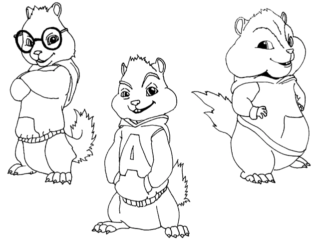 Dibujo de Alvin y the Chipmunks trío de pie juntos para colorear Dibujo de Alvin y the Chipmunks trío de pie juntos para colorear