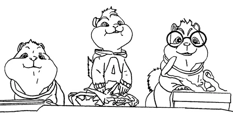 Dibujo de Alvin y the Chipmunks sentados juntos para colorear Dibujo de Alvin y the Chipmunks sentados juntos para colorear