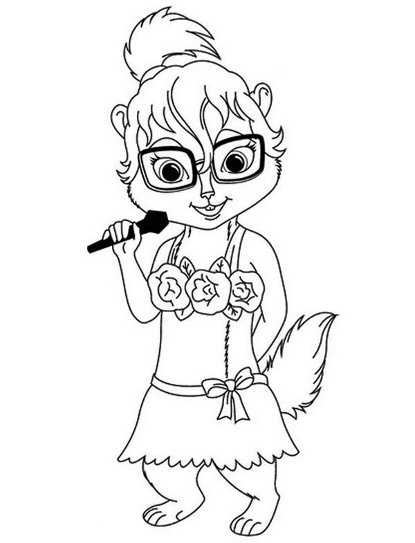 Dibujo de Jeanette de Alvin y the Chipmunks cantando con micrófono para colorear