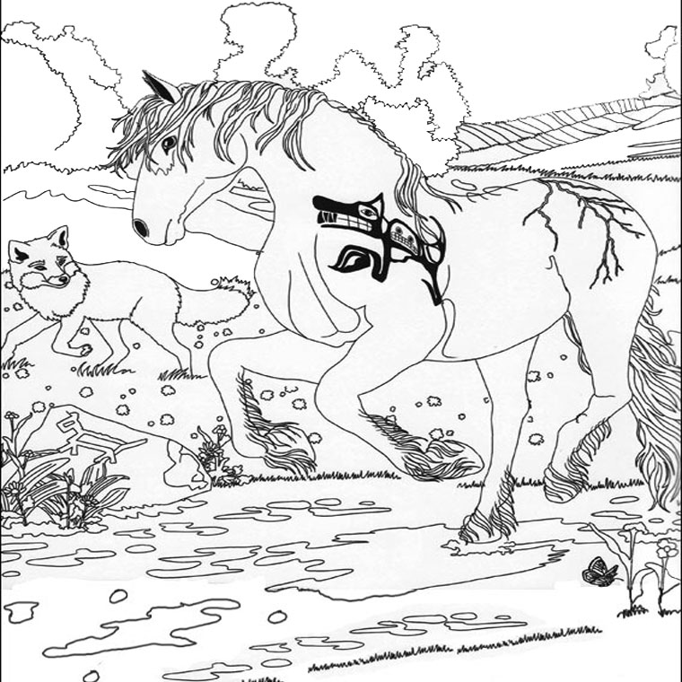 Dibujo de Thunder caminando por un prado con un zorro para colorear Dibujo de Thunder caminando por un prado con un zorro para colorear
