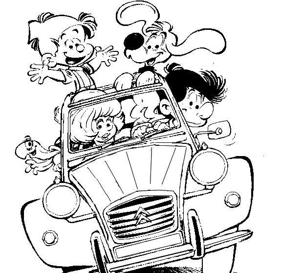 Dibujo de Billy y Buddy en familia en el 2 CV para colorear
