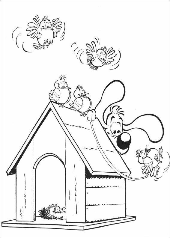 Dibujo de Billy detrás de su caseta rodeado de pájaros para colorear
