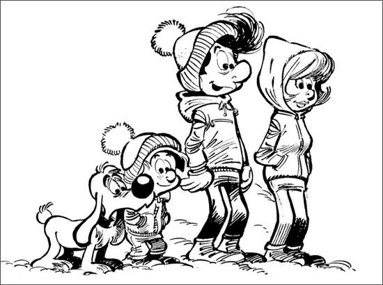 Dibujo de Billy y Buddy paseando por la montaña nevada para colorear