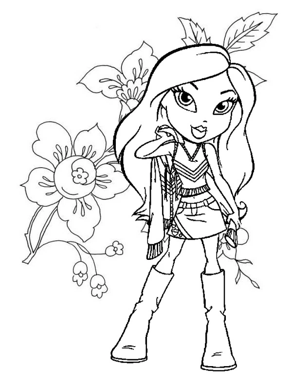 Dibujo de Bratz con plumas y flores para colorear