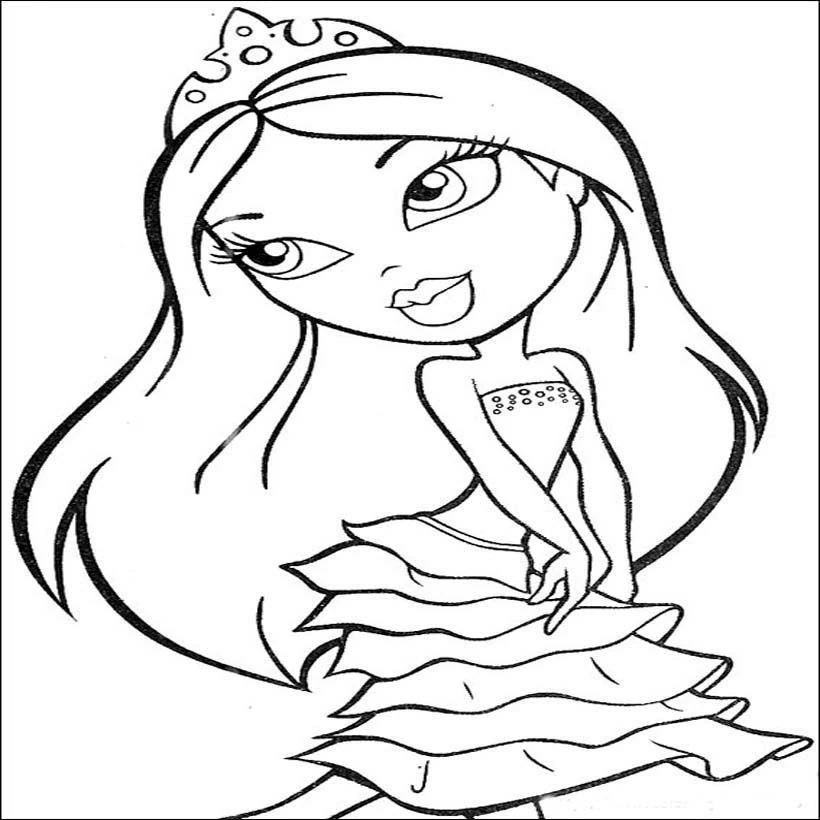 Dibujo de Bratz con tiara y vestido con volantes para colorear