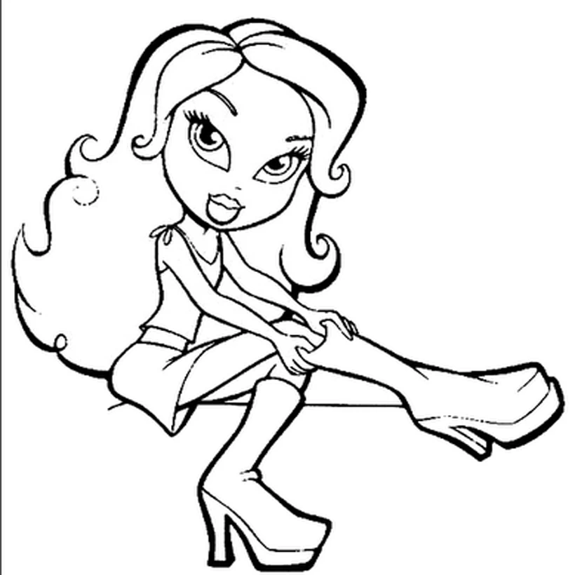 Dibujo de Bratz ajustando su bota de tacón para colorear Dibujo de Bratz ajustando su bota de tacón para colorear