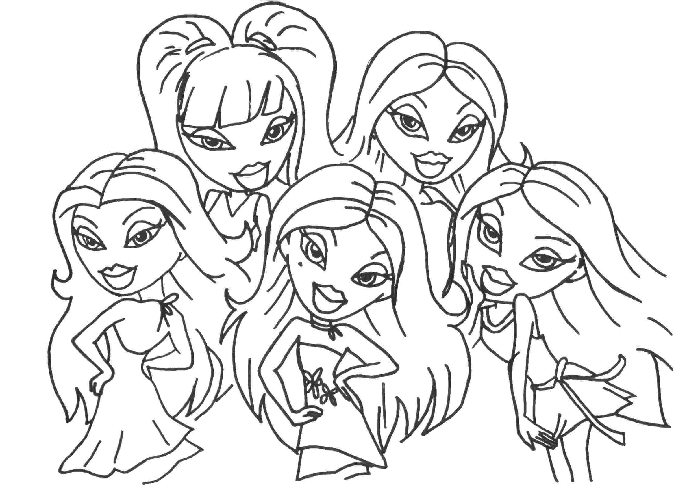 Dibujo de Bratz grupo de cinco amigas con estilo para colorear