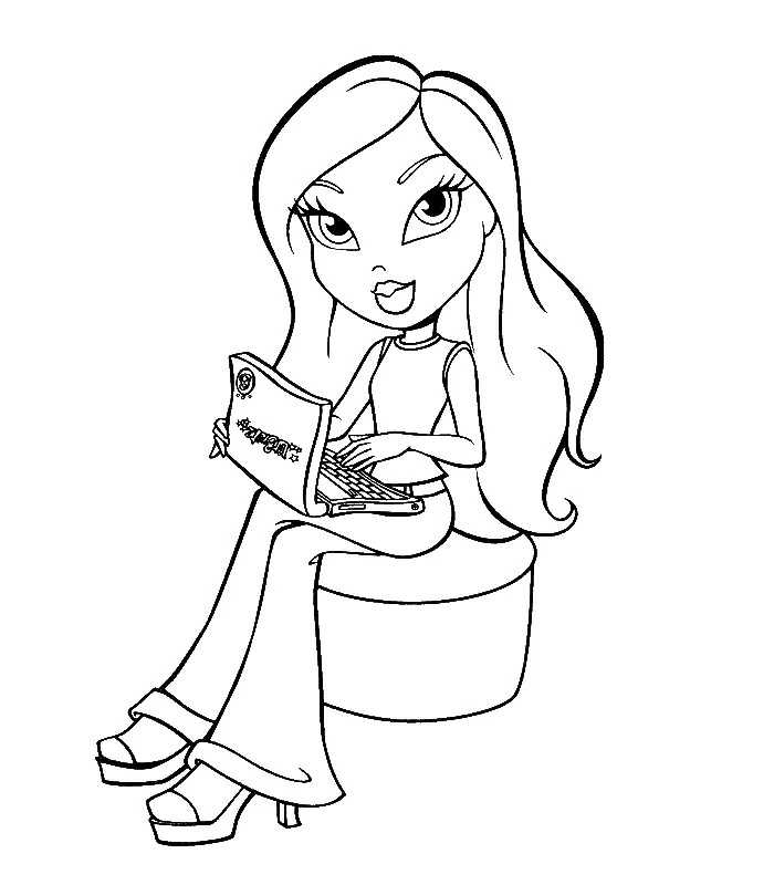 Dibujo de Bratz sentada con una laptop para colorear Dibujo de Bratz sentada con una laptop para colorear