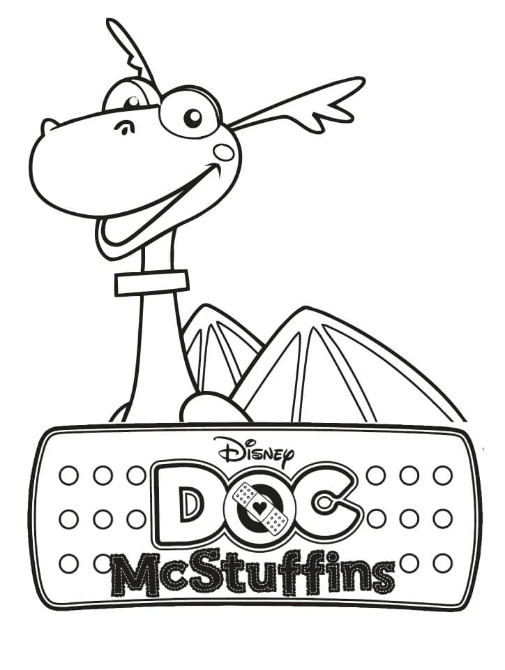 Dibujo de Toufy el Dragón detrás del logo de Doc McStuffins para colorear