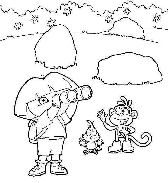 Dibujo de Dora la Exploradora mira con binoculares para colorear
