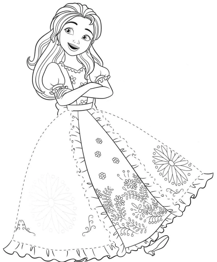 Dibujo de Isabel de Elena de Ávalor con vestido de gala floral para colorear Dibujo de Isabel de Elena de Ávalor con vestido de gala floral para colorear
