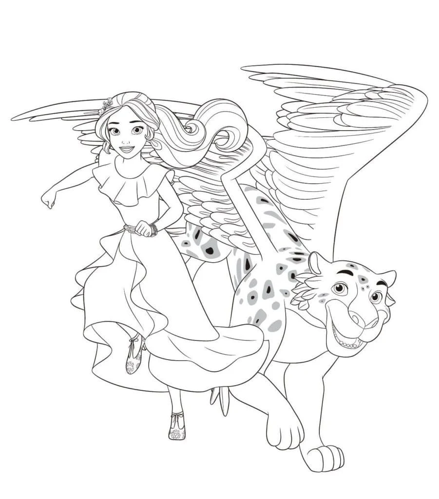 Dibujo de Elena de Ávalor volando con un jaguar alado para colorear Dibujo de Elena de Ávalor volando con un jaguar alado para colorear