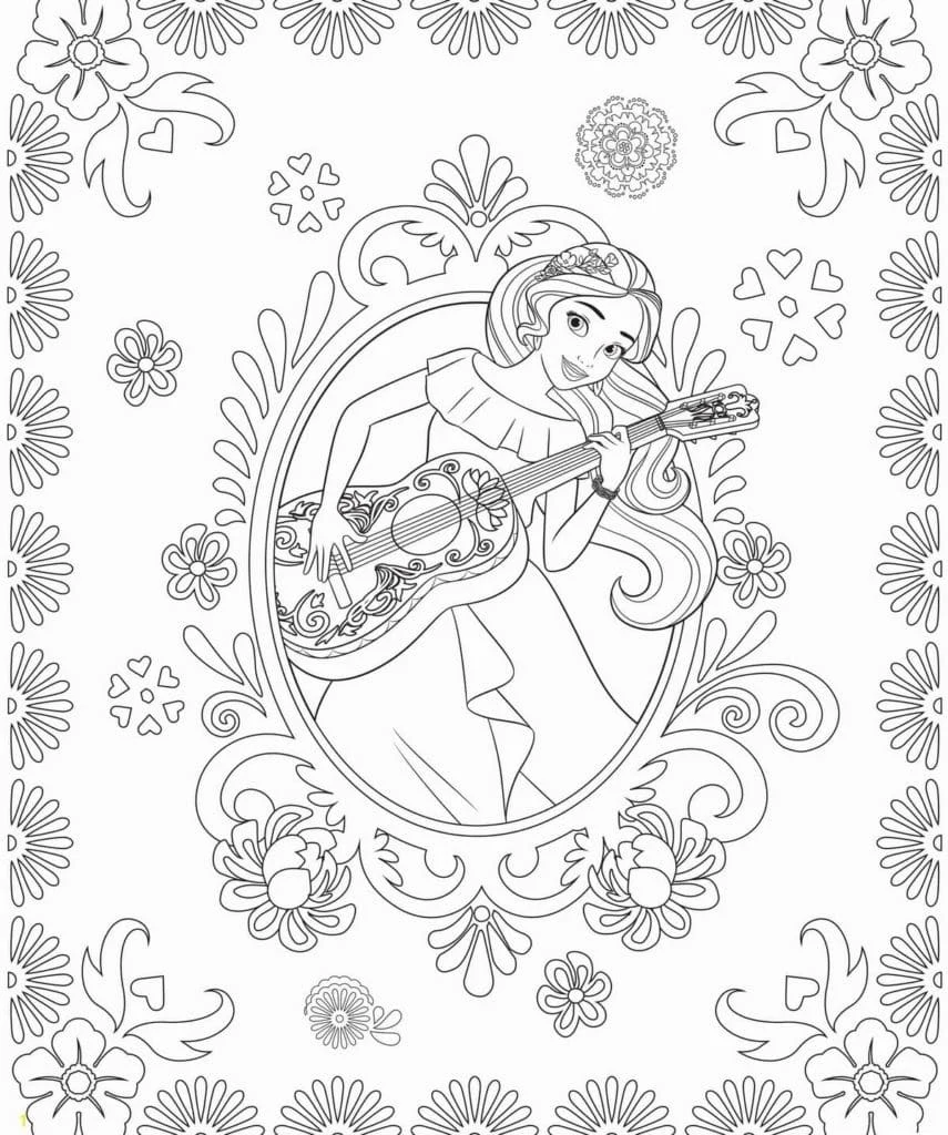 Dibujo de Elena de Ávalor toca la guitarra en un marco floral para colorear