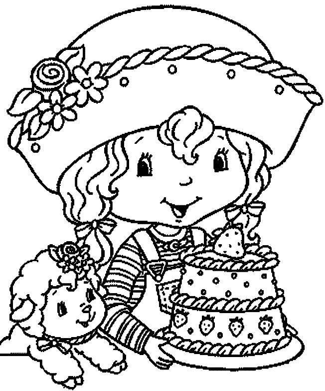 Dibujo de Niña con gran sombrero sosteniendo un pastel de fresas para colorear Dibujo de Niña con gran sombrero sosteniendo un pastel de fresas para colorear