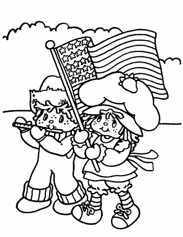 Dibujo de Amigos de Glimmerberry Ball desfilando con una bandera para colorear