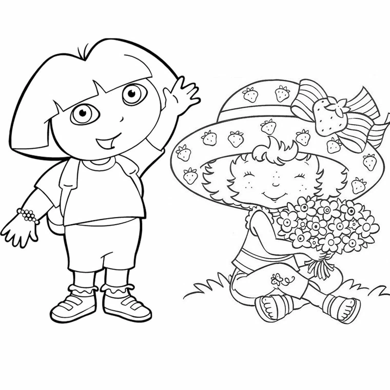 Dibujo de Glimmerberry Ball niña con flores y amiga saludando para colorear