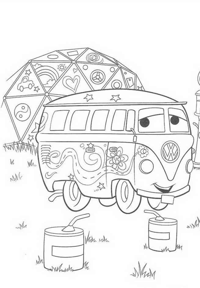 Dibujo de Furgoneta hippie con flores junto a una cúpula para colorear Dibujo de Furgoneta hippie con flores junto a una cúpula para colorear