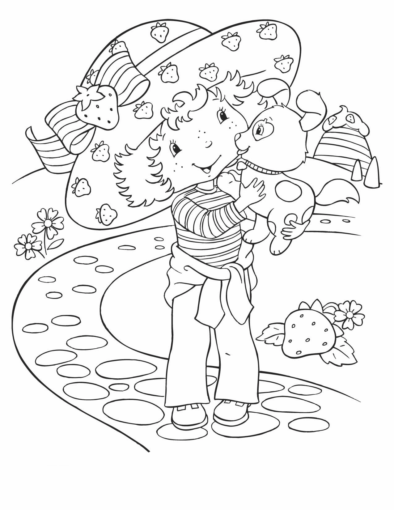 Dibujo de Niña con sombrero grande abrazando a su perrito para colorear