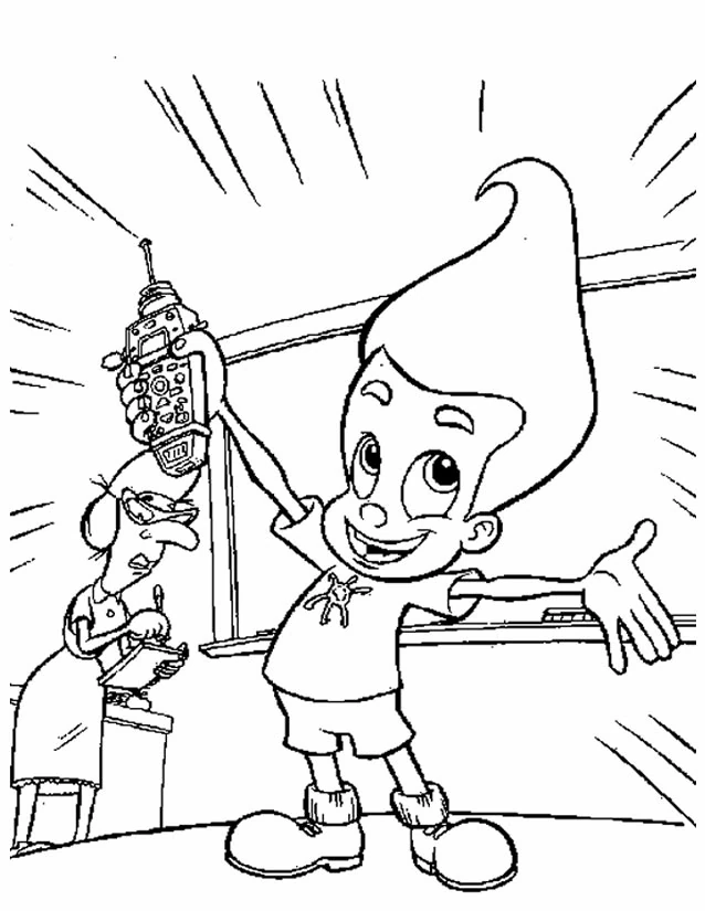 Dibujo de Jimmy Neutron mostrando orgulloso un aparato para colorear