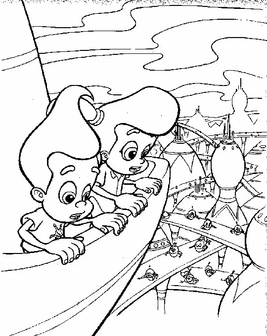 Dibujo de Jimmy Neutron y Sheen observando una ciudad futurista para colorear