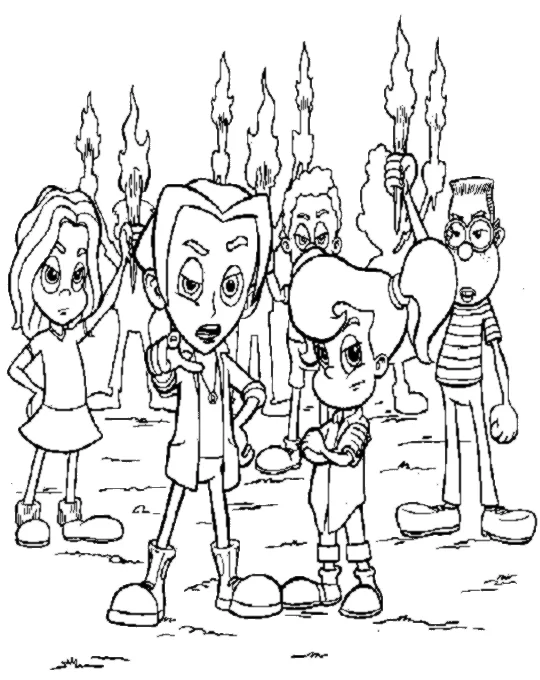 Dibujo de Jimmy Neutron y sus amigos con antorchas para colorear
