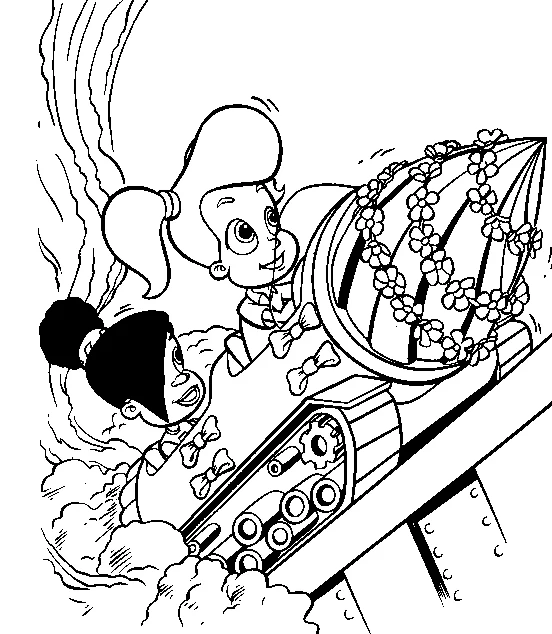 Dibujo de Jimmy Neutron amigas en un cohete con flores para colorear Dibujo de Jimmy Neutron amigas en un cohete con flores para colorear