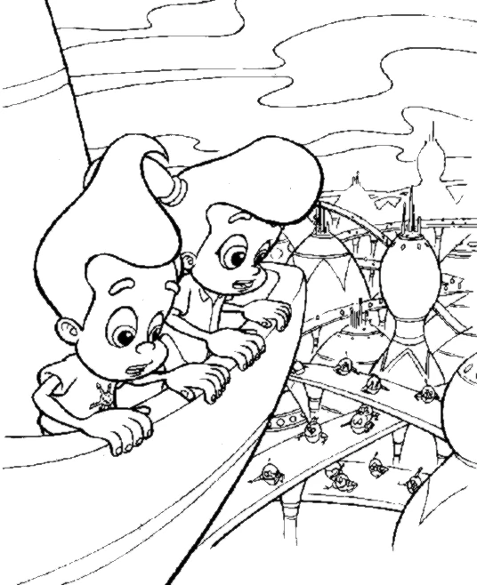 Dibujo de Jimmy Neutron y Carl asomados a un borde para colorear