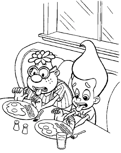 Dibujo de Jimmy Neutron desayunando con una amiga para colorear Dibujo de Jimmy Neutron desayunando con una amiga para colorear