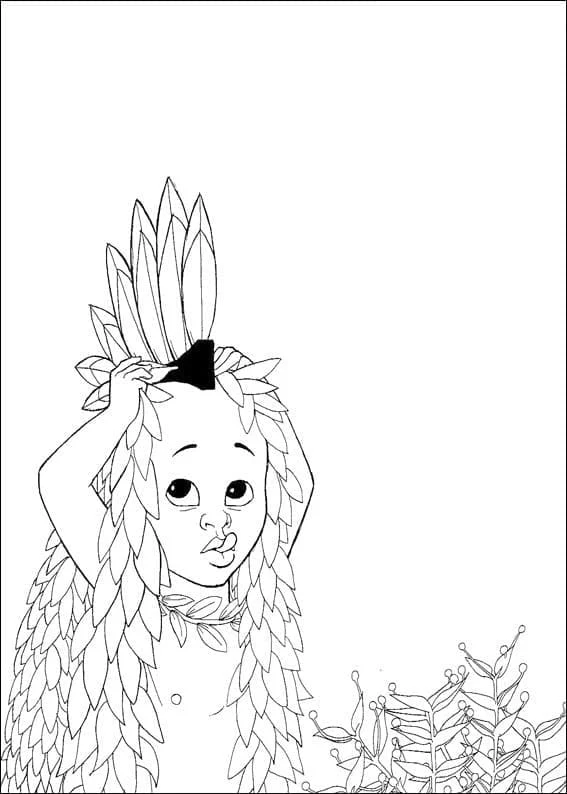 Dibujo de Kirikou con tocado de plumas y traje de hojas para colorear