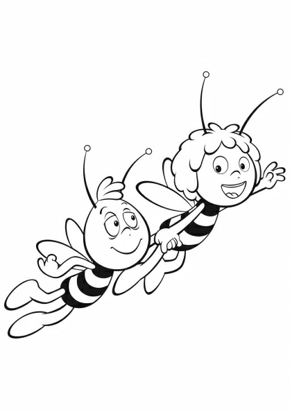 Dibujo de La Abeja Maya volando de la mano con Willy para colorear