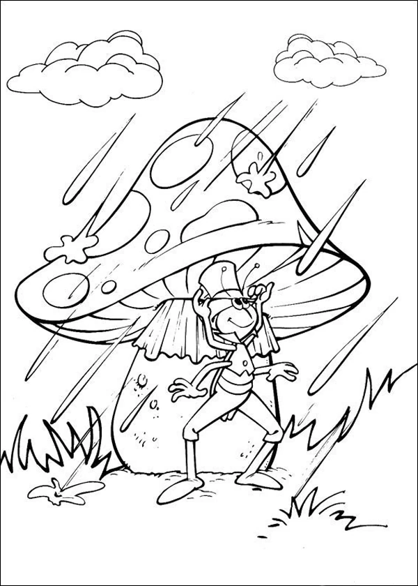 Dibujo de Insecto refugiado bajo una seta bajo la lluvia para colorear