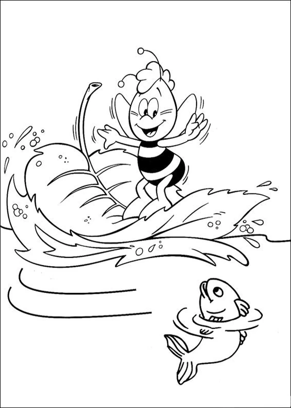 Dibujo de La Abeja Maya surfeando sobre una hoja para colorear Dibujo de La Abeja Maya surfeando sobre una hoja para colorear